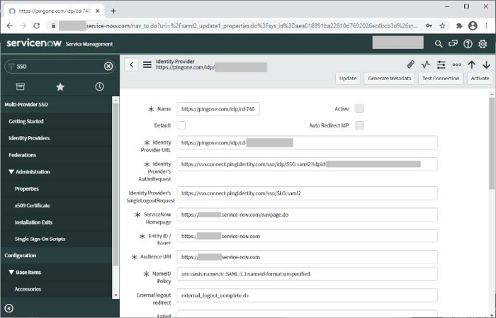 A screen capture of the Identity Provider create new section. There are fields for Name, Default, Active, and Auto Redirect IdP, which are all check boxes, Identity Provider URL, Identity Provider’s AuthnRequest, Identity Provider’s SingleLogoutRequest, ServiceNow Homepage, EntityID / Issuer, Audience URI, NameID Policy, and External logout redirect.