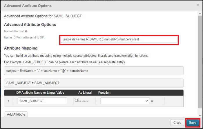 Screen capture showing the advanced attribute options and where to enter the Name ID Format to send to the SP.