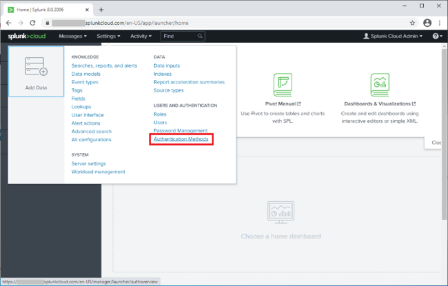 Screen capture illustrating the menu navigation bar in Splunk Cloud, with the Authentication Methods section highlighted in red.