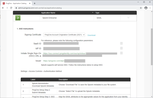 Screen capture of the SSO Instructions section of the Application Catalog with the SaaS ID, IdP ID, Initiate SSO URL, and Issuer values displaying.