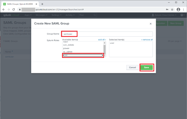 Screen capture illustrating the Create New SAML Group window with the Group Name field and the selected Splunk Role of user highlighted in red. The Save button is highlighted in red.