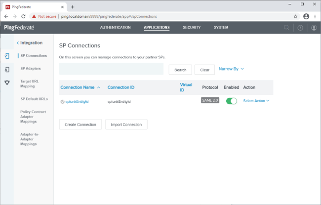 Screen capture illustrating the completed PingFederate SP connection for Splunk Cloud.