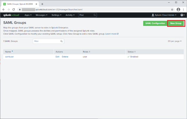 Screen capture of the SAML Groups window in Splunk Cloud with the New Group button highlighted in red.