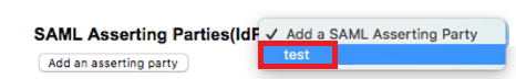 Screen capture of SuccessFactors SAML Asserting Parties(IdP) dropdown menu with test highlighted in red.