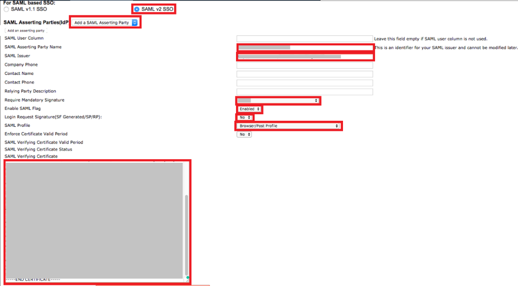 Screen capture of SuccessFactors SAML settings with SAML v2 SSO checked and highlighted in red. Below, Add a SAML Asserting Party is highlighted in red, as well as the fields for SAML Asserting Party Name, SAML Issuer, Require Mandatory Signature, Enable SAML Flag, Login Request Signature(SF Generate/SP/RP), SAML Profiled, and SAML Verifying Certificate.