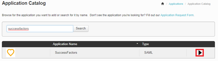 Screen capture of Application Catalog with SuccessFactors entered in the search bar and the expansion arrow for the result highlighted in red.