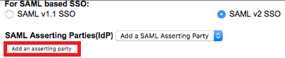 Screen capture of SuccessFactors SAML Asserting Parties(IdP) section with Add an asserting party highlighted in red.