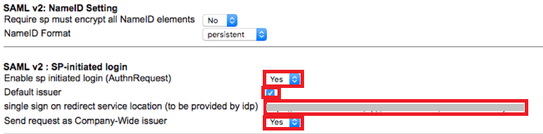 Screen capture of SuccessFactors SAML v2 : SP-initiated login section with all its applicable fields highlighted in red.