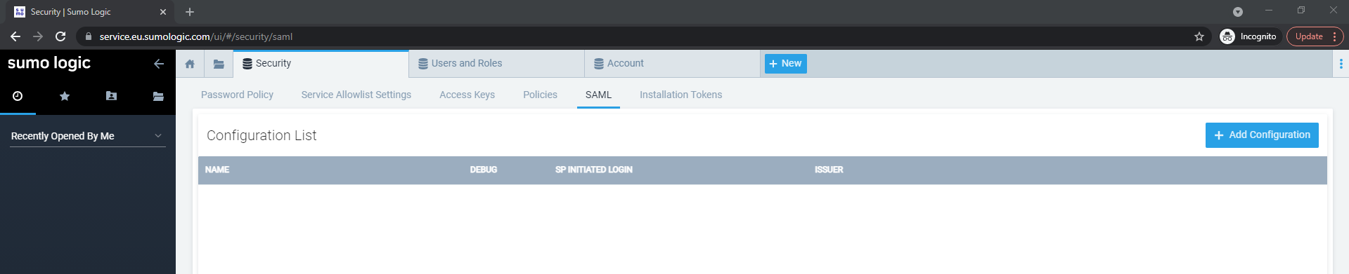 Screen capture of the SumoLogic Configuration List.