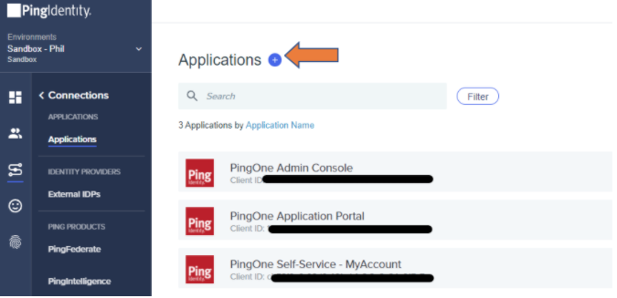 Screen capture of PingOne Applications page with the plus icon highlighted with an arrow.