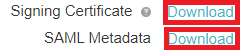 Screen capture of PingOne for Enterprise Signing Certificate and SAML Metadata Download hyperlinks highlighted in red.