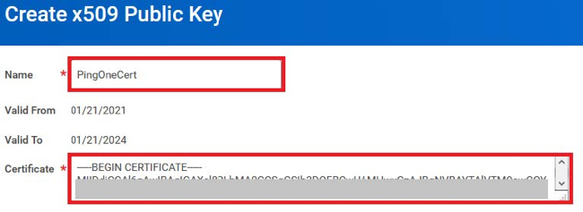 A screen capture of the Create x509 Public Key configuration section. There are fields for Name, which is highlighted, Valid From, Valid To, and Certificate, which is highlighted.