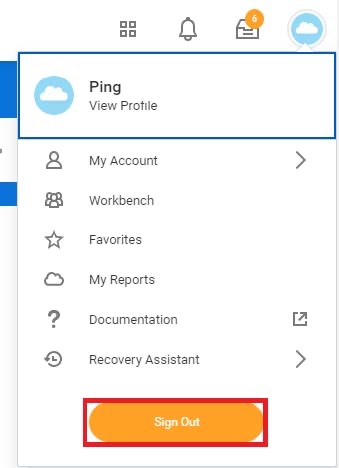 A screen capture of the expanded cloud icons or the administrator account profile menu. The Ping View Profile at the top of the menu is highlighted. The Sign Out button,which is the last of the menu options, is highlighted.