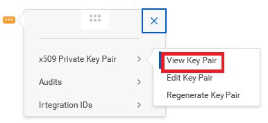 A screen capture of the expanded menu for the x509 Private key pair field. In the menu list, there are options for View Key Pair, which is highlighted, Edit Key Pair, and Regenerate Key Pair.