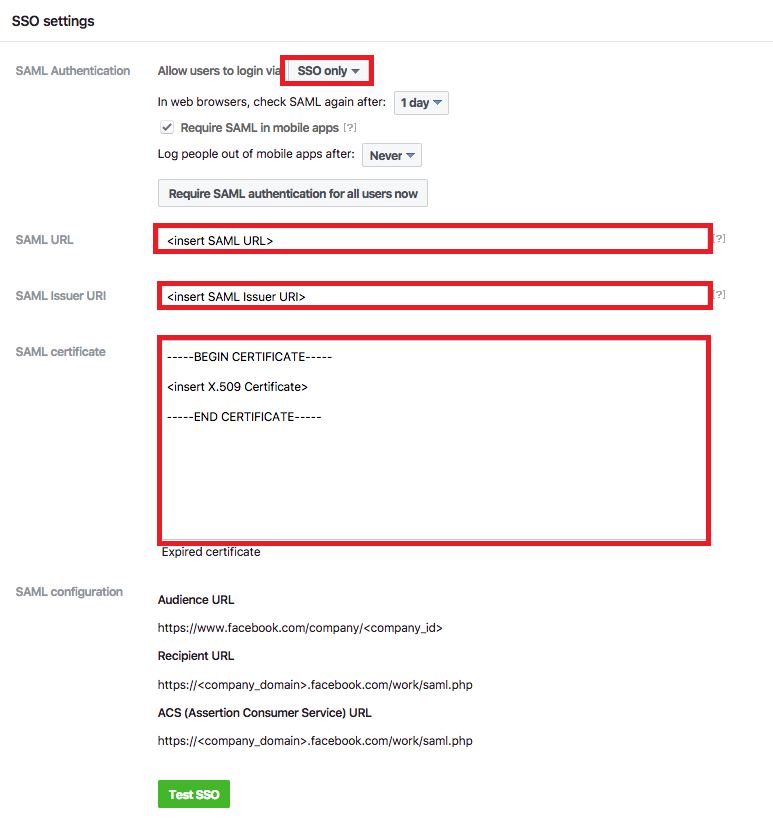 Screen capture of PingOne for Enterprise SSO settings with the SSO only SAML Authentication drop down menu, SAML URL field, SAML Issuer URI field, and SAML certificate field all highlighted in red.