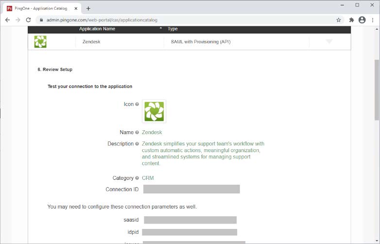 A screen capture of the 6. Review Setup section. The introduction sentence is Test your connection to the application. There are fields for Icon, Name, Description, Category, Connection ID, saasid, and idpid.