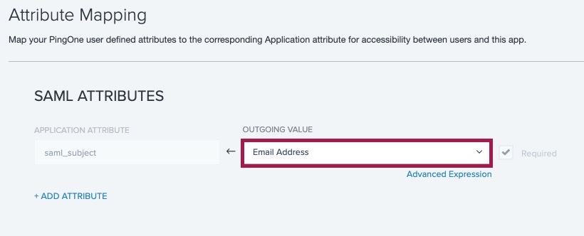 Screen capture of PingOne Attribute Mapping section with the Email Address outgoing value highlighted in red.