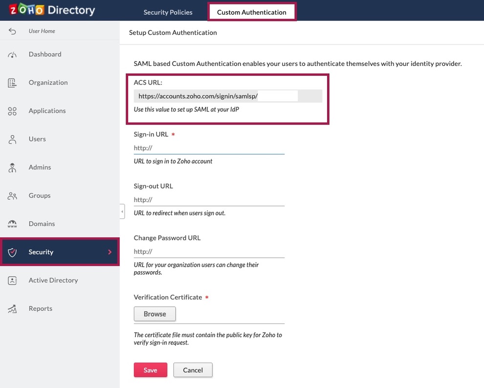 Screen capture of Zoho security settings with the ACS URL highlighted in red.