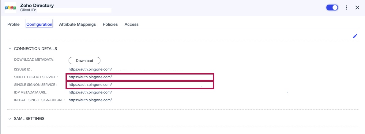 Screen capture of Zoho Directory in PingOne with the single logout service and single signon service URLs highlighted in red.