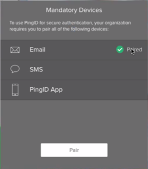Mandatory Devices information window, listing all of the devices that the user must pair in order to access their resources. Devices that are already paired with their account display a green checkmark and the word Paired next to the entry