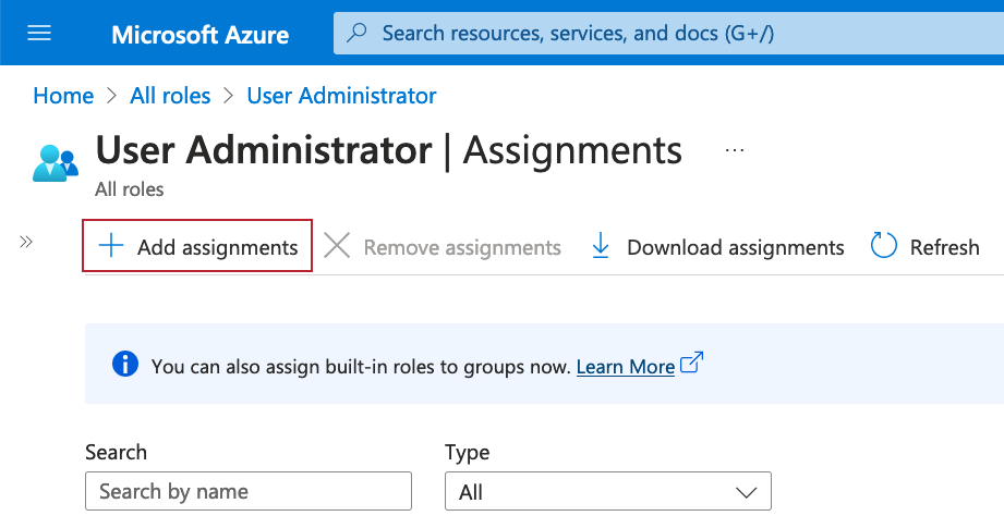 A screen capture of the Add assignments page in Microsoft Azure.