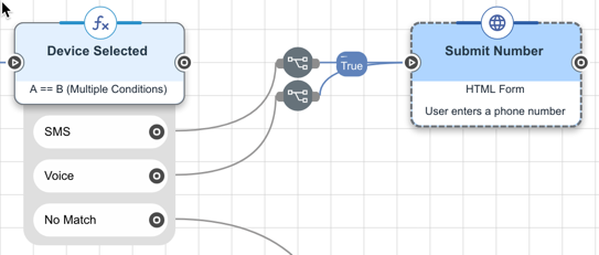 A screen capture of a flow in which the node with multiple exit paths uses a separate logical operator for each exit path.