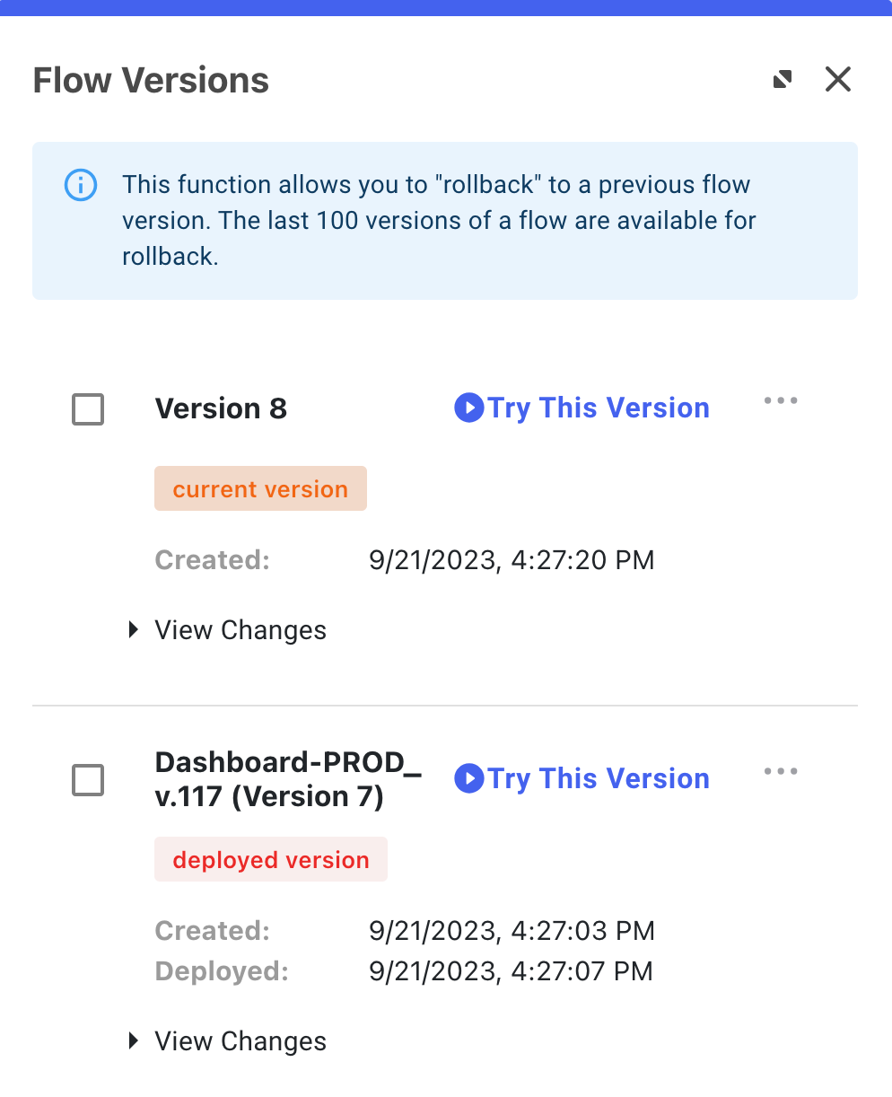 A screen capture showing flows with the environment and version included in their names.