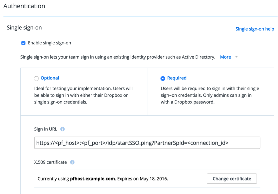 Scren capture of the Authentication section showing Enable single sign-on selected and Required clicked.