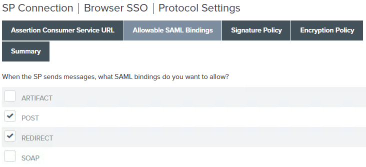 An image of the Allowable SAML Bindings screen.