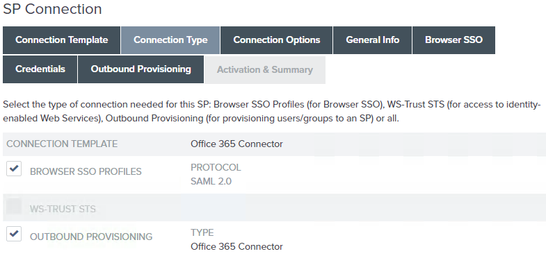 Screen capture of sp connection connection type.