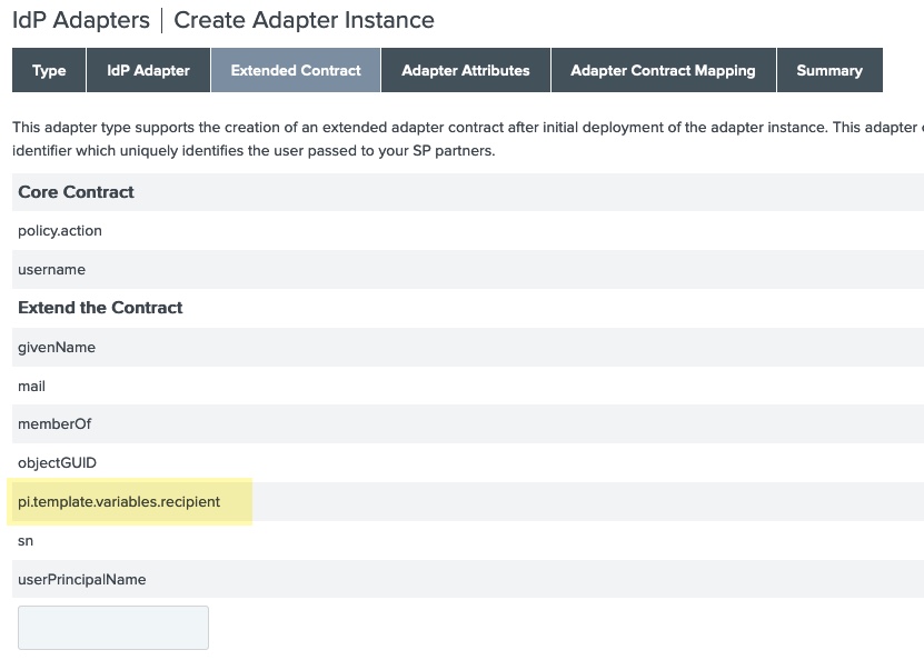 This screenshot shows the Extended Contract tab of the HTML Form Adapter instance configuration. The pi.template.variables.recipient attribute has been added.