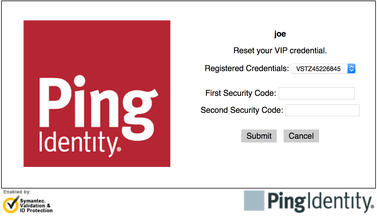 The Symantec VIP Adapter credential reset page