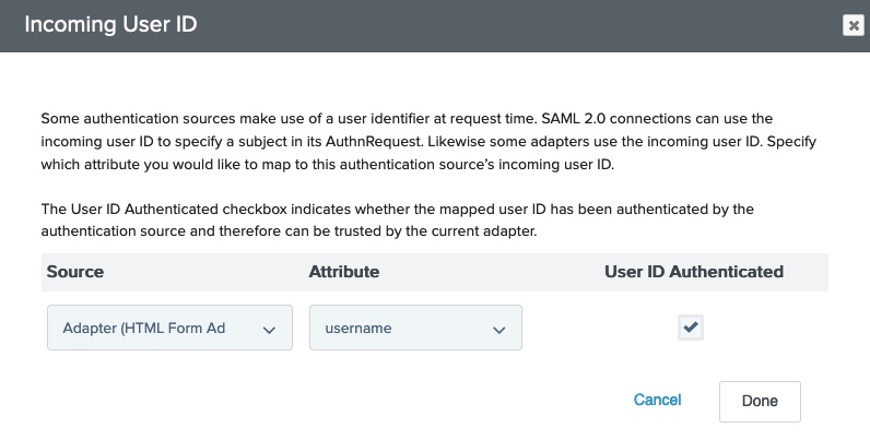 A screenshot that shows the Incoming User ID dialog with the user identifier selected