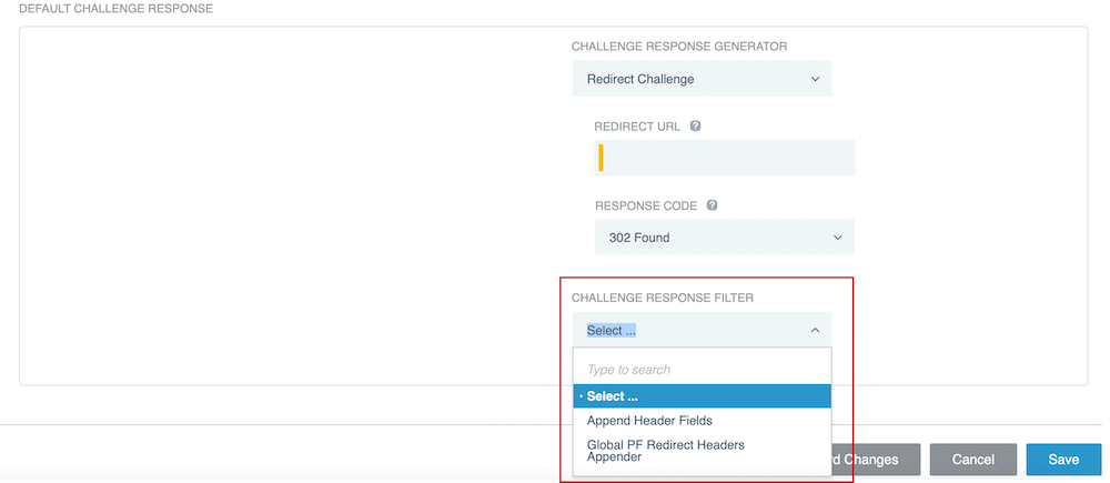 Screen capture highlighting the Challenge Response Filter field, which appears at the bottom of the section for any challenge response you select.