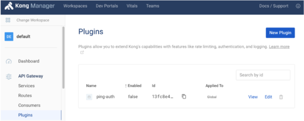 Screen capture illustrating the Kong Manager UI on the Plugins page.