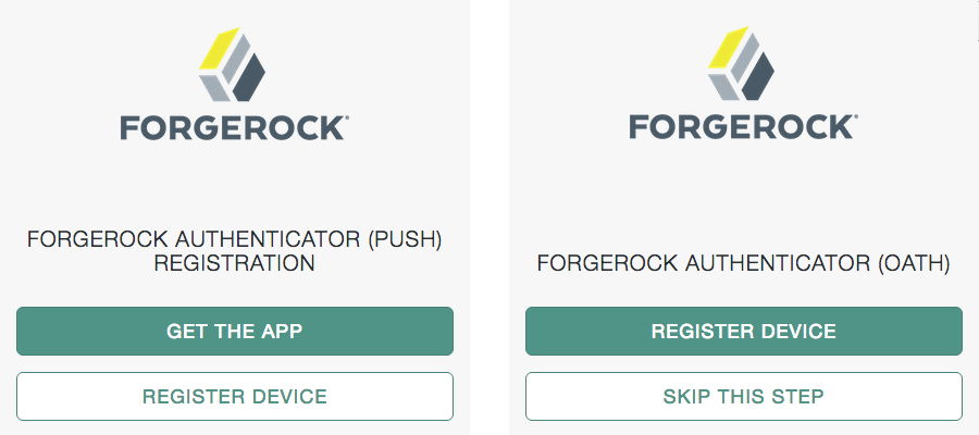 These are the screens you see the first time you authenticate when using a ForgeRock Authenticator authentication module if you have not previously registered a device. You must either register a device with AM, or opt out in the case of one-time passwords using the ForgeRock Authenticator (OATH) module.