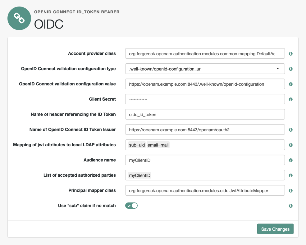 Notice that the configuration uses the issuer, audience, and authorized parties values.