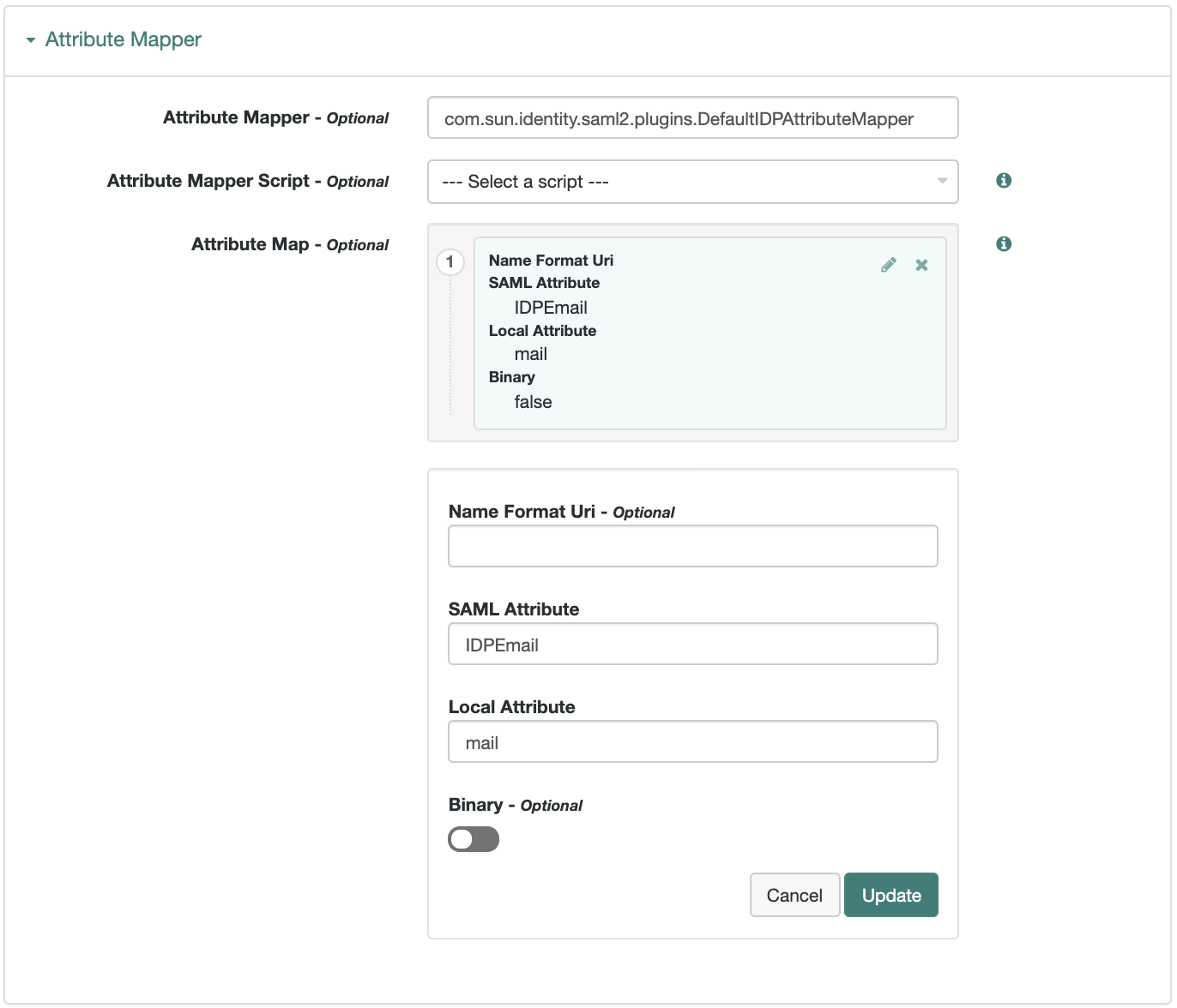 In this example, we map the SalesForce IDPEmail SAML attribute to the local mail attribute.