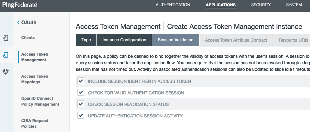 Screen capture of the Session Validation tab on the Access Token Management window showing all checkboxes selected