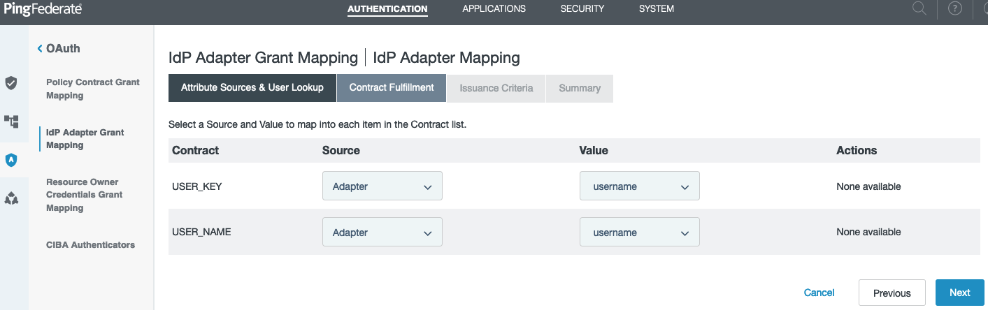 Screen capture of the Contract Fulfillment tab on the IdP Adapter Grant Mapping window, with the USER_KEY and USER_NAME contracts set to a Source of Adapter and a Value of username