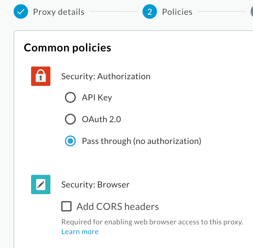 Screen capture of the Apigee API proxy authorization options with Pass through (no authorization) selected in the Security: Authorization section