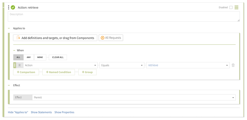 Screen capture of the rule to permit retrieval of User resources, configured as specified