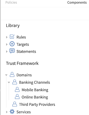 Screen capture of the Components tab showing Rules, Targets, Statements, Domains, and Services