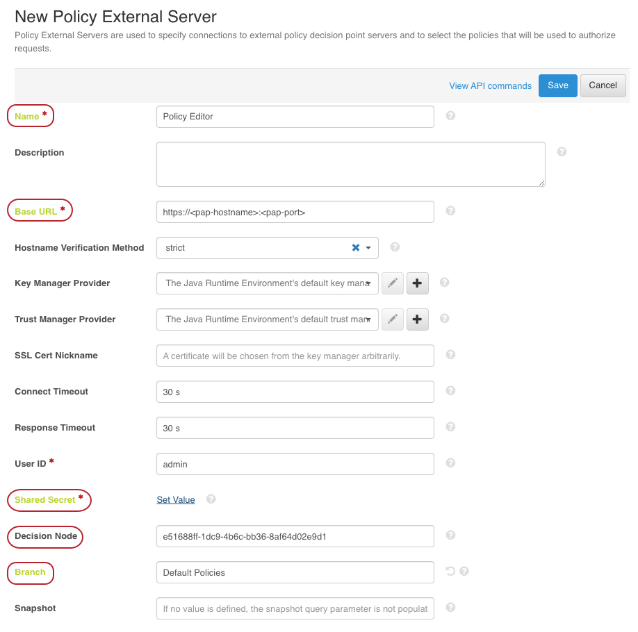 Screen capture of the New Policy External Server window with the Name, Base URL, Shared Secret, Decision Node, and Branch fields highlighted. The Save button is in the upper right of the screen.