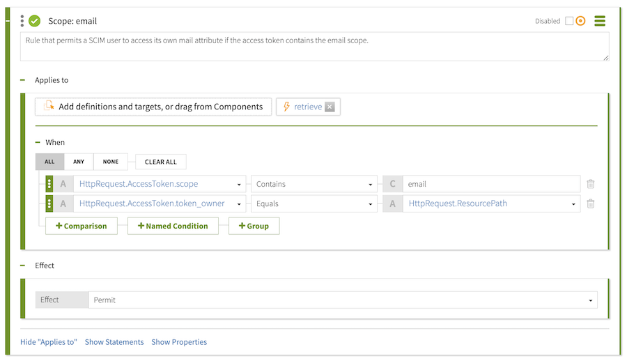 Screen capture of the Scope: email rule with a permit effect, configured as specified with an Applies To target, two comparison Conditions, and an Include email attributes statement, flagged as Obligatory