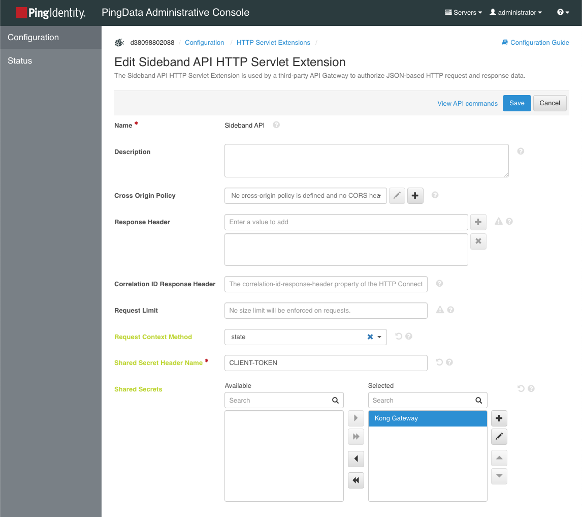 Screen capture of the Sideband API HTTP Servlet Extension window with settings configured as previously specified for Kong Gateway