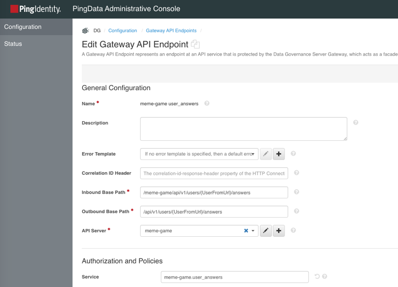 Screen capture that shows the new gateway API endpoint configured as specified