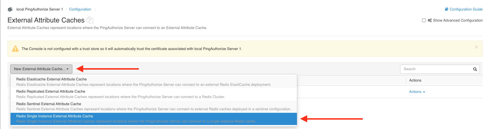 Screen capture of the options in the New External Attribute Cache list, with arrows pointing to the button and a selected option