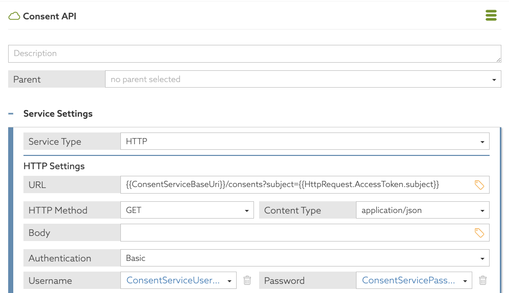 Screen capture of the Consent API service window showing the specified configurations