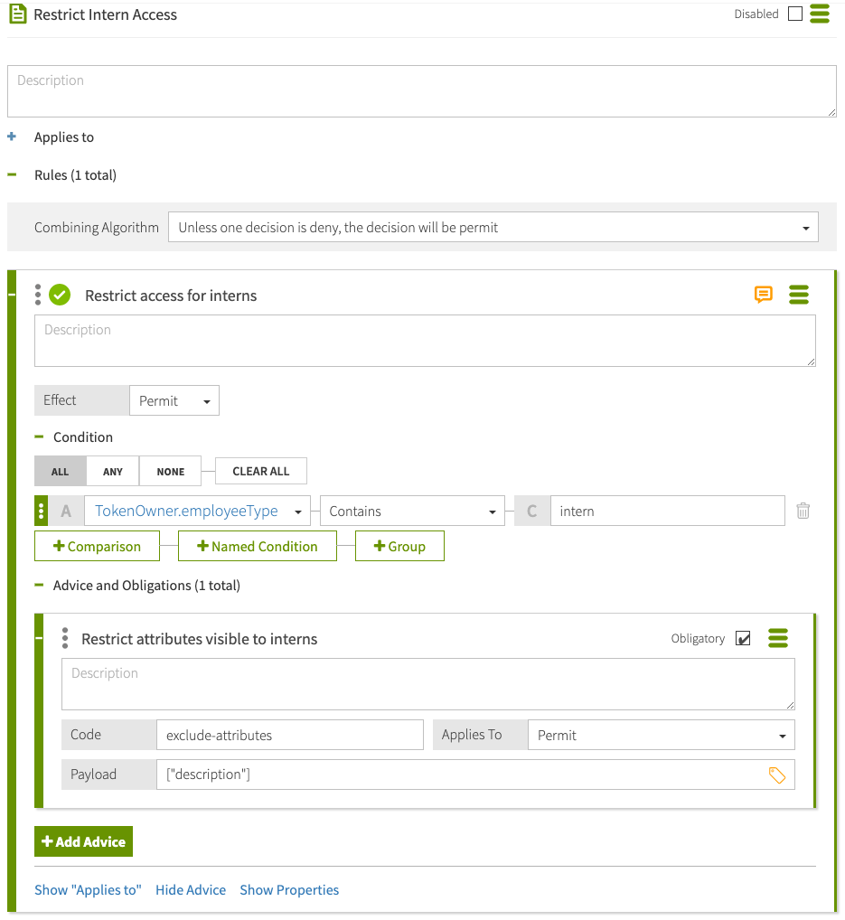 A screen capture of the Restrict Intern Access policy window with the Combining Algorithm and one rule with advice, both configured as specified